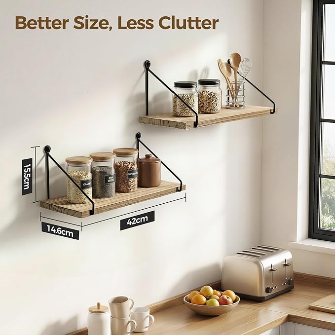 Afuly Floating Wall Shelves Rustic Wall Mounted Hanging Shelf Farmhouse Wall Bookshelf for Bathroom Kitchen Dining Living Room Wood Metal Organizers, Set of 2