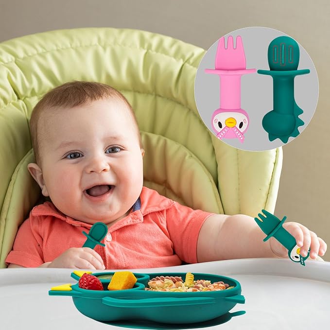 Baby Toddler Silicone Suction Plate with Spoon&Fork And Adjustable Bib Set,Silicone Baby Feeding Utensils Set，Baby Toddler Led Weaning Supplies Set-Blue Owl