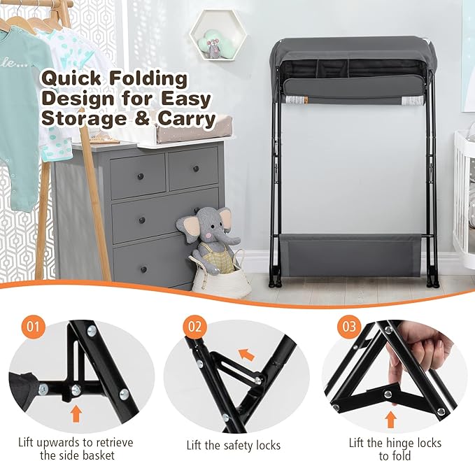 Costzon Changing Table, Portable Baby Changing Table Foldable Diaper Changing Station with Safety Belt, Large Storage Rack & Shelf, Nursery Organizer for Newborn Infant (Dark Gray)