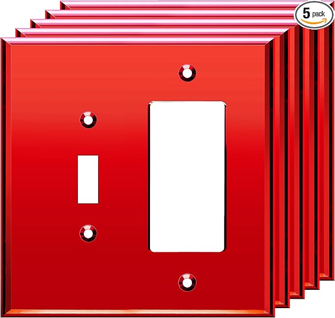 LIDER Reflective Acrylic Combination Wall Plate, Mirrored Double Switch Plate, Combo Toggle Switch and Decorator Outlet Cover, Acrylic Glass, Oversized 2-Gang 5.25" x 5.25", LWP-1131O-ARD, Red, 5 Pack