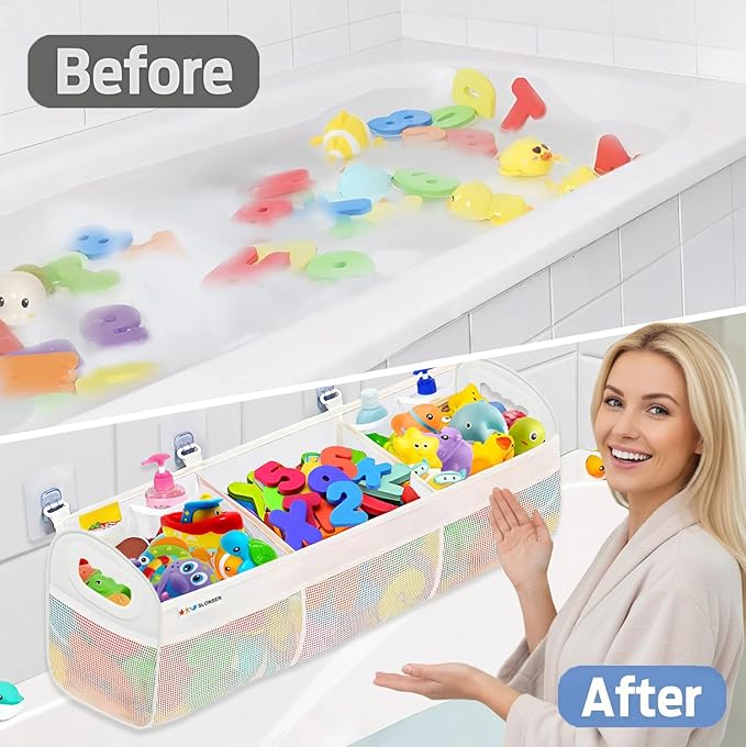 Bath Toy Holder 3 Compartment, Bath Toy Storage, Large Bathtub Toys Holder Organizer for Tub, Quick Dry Bathroom Mesh Net Bag with 6 Heavy Duty Adhesive Wall Hooks