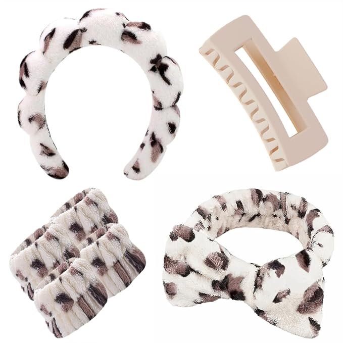 7 Pcs Spa Set, Facial Headband and Wristband Set, Skincare Accessories, College Style Girl Idea Gifts, Hair Accessories for Women and Girls （Beige Leopard ）