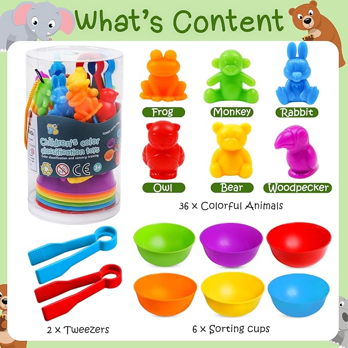 NAODONGLI Counting Color Sorting Toys Animals Matching Games with Rainbow Bowls,Preschool Learning Educational Montessori Sensory Training Easter Basket Stuffers Gifts for 3 4 5 Year Old Toddlers