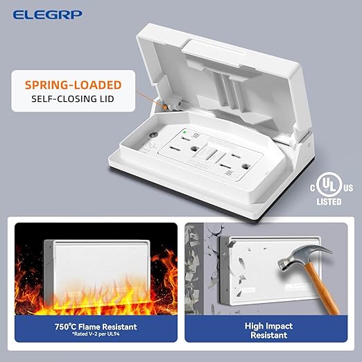 ELEGRP Outdoor GFCI Outlet Kit, with Weatherproof Cover and Box, 1 Gang, 15 Amp TRWR Self-Test GFI Receptacle, Horizontal Outdoor Cover, Extra Duty Metallic Electrical Outlet Box, UL Listed, 1 Pack