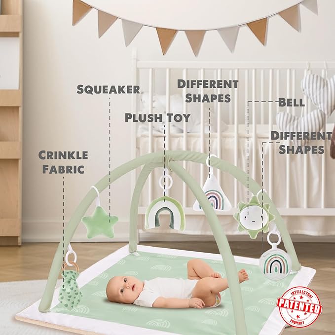 Mallify Washable Tummy Time Mat, Baby Play Gym with 6 Featured Toys, Baby Gym for Infant & Toddler, Larger Baby Play Mat, Deluxe Baby Play Mats for Floor, Sensory and Motor Skill Development, Green