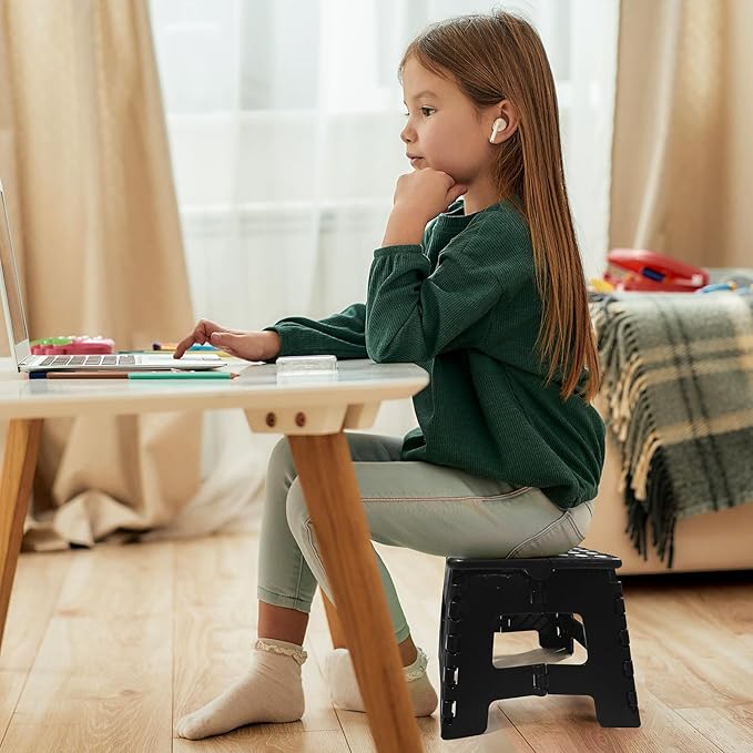 Flottian 9" Folding Step Stool for Adults and Kids Holds Up to 300 lbs,Non-Slip Folding Stools with Portable Handle, Compact Plastic Foldable Step Stool for Bathroom,Bedroom, Kitchen Black