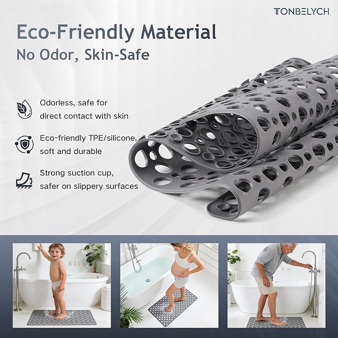 TONBELYCH Non Slip Bath Mat for Shower & Bathtub - 30x17 Inch with Strong Suction Cups and Drain Holes, Quick-Dry, Machine Washable Floor Mat for Elderly, Kids & Pets