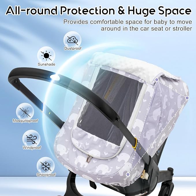 Baby Car Seat Cover, Mink Warm Infant Car Seat Cover for Girls Boys, Universal Carseat Cover with Mesh Peep Window & Sun Shade, Baby Carrier Canopy Cover for Winter Autumn