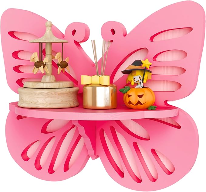 Pink Butterfly Shaped Floating Shelf for Girl’s Room, Cute Wall Display Rack for Nursery Decor, Small Decorative Shelf Wall Mounted, Wood Hanging Wall Shelf for Toys, Plants and Decorations Storage