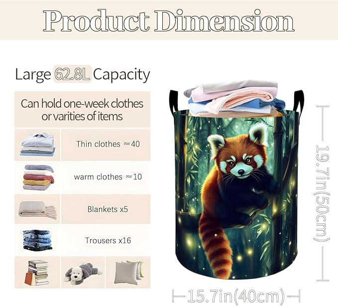 Enchanted Red Panda in Forest Laundry Basket 19.7"x15.7", Collapsible Dirty Clothes Waterproof Cute Animal Laundry Hamper Organizer Toy Storage Bin for Dorm Nursery Bathroom Decor