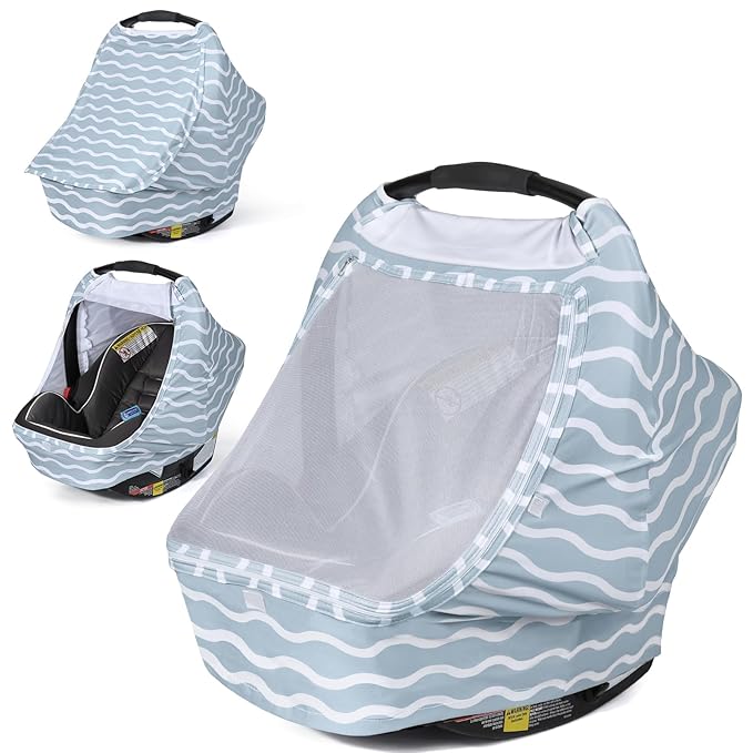Orzbow Baby Car Seat Cover, Breathable Car Seat Canopy for Girls Boys with Mesh Window, Lightweight Baby Carrier Cover for Wind, Dust, Sun and Insects Protection, Universal Fit, Gray