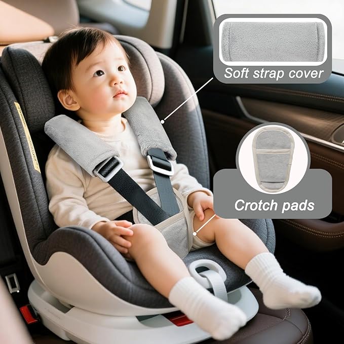 Car Seat Straps Pads for Baby Boys 3 Pieces,Super Soft Car Seat Strap Covers Kids,Man Fai Sky Infant Carseat Shoulder Pading, Hip Support for All Car Seats, Pushchair, Stroller(Grey)