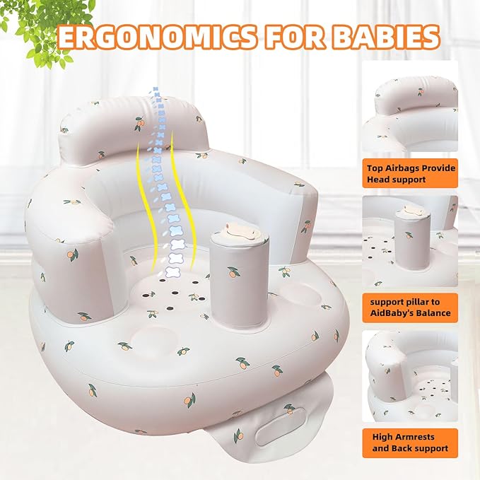 AGITVPS Inflatable Baby Seat for Babies 3-36 Months, Built in Air Pump Baby Chair Sit Me up Floor Seat for Baby, Bumbo Seat for Learning to Sit, Feeding, Camping (Pillar-Olive)