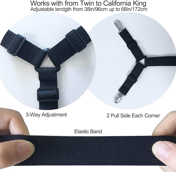 Siaomo Bed Sheet Clip Straps - 2 Way Adjustable Crisscross Sheet Corner Holder Straps Gripper Elastic Sheet Band Mattress Straps Fasten Suspenders(2 Set/4Pcs, Black)