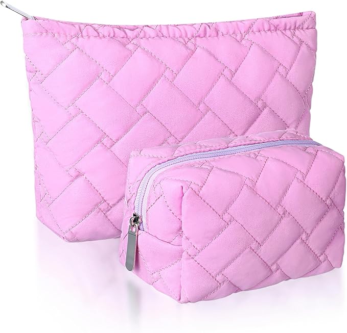 2 Pc Makeup Bag Set Cute Quilted Cosmetic Pouch for Women Travel Toiletry Bag Preppy Small Makeup Purse Pouch Skincare Brushes Storage Organizer Pencil Case Set(Knitted,Quilted,Rose Pink)