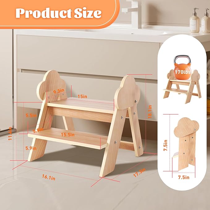 Novarieth Beech Wooden Toddler Step Stool, 2-Step Foldable Stool for Kids with Non-Slip Surface, Baby Bathroom Stool for Potty Training, Bathroom Sink, Kitchen Counter with Cute Cloud Design