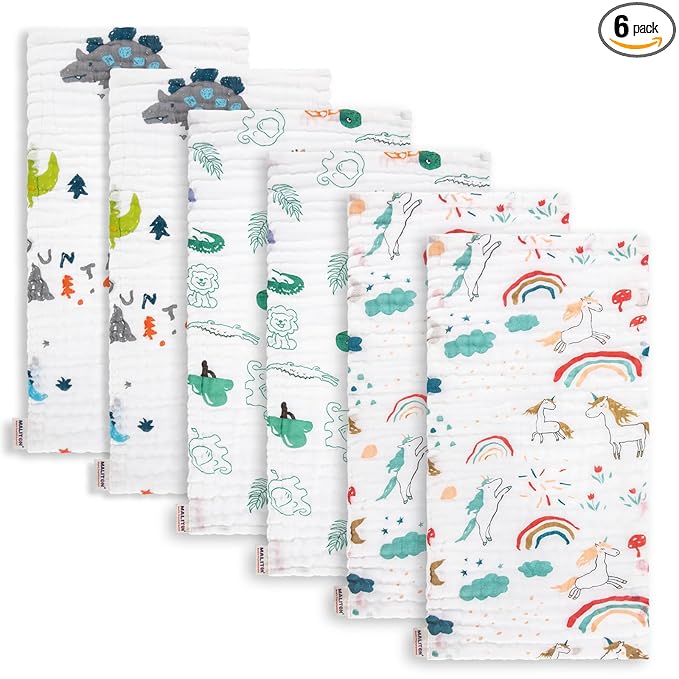 Maliton Muslin Burp Cloths for Baby Girl 6 Pack Large 20''x10'' 100% Cotton Burp Rags Absorbent and Soft 6 Layers Muslin Cloth Baby Boy Newborn Essentials Must Haves (Rainbow & Animals)