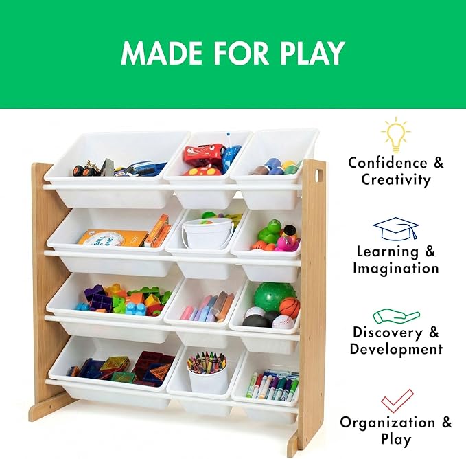 Humble Crew Toy Storage Organizer with 12 Removable Storage Bins for Kids Playroom, 4-Tier Toddler Toy Organization, Natural/White