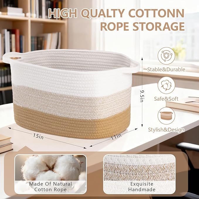 AOFANGSHIYE Cotton Rope Braid Storage Basket for Baby Carrier Toy Storage Bag Gift Basket for Kids Laundry Basket Baby Blanket Storage Measures 15x10x10 inches. (Khaki White)