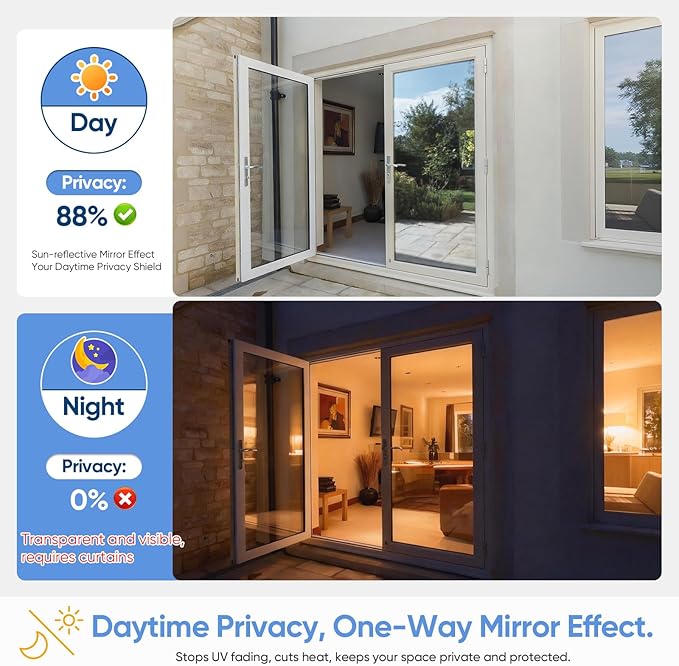 SUNBABY Window Tint for Home, One Way Privacy Film Heat & UV Blocking, Static Cling No Glue Renter Friendly Cover for Home Bedroom, Office & Sliding Glass Door, 17.5 x 118.1 Inch with 3 Tools, Silver