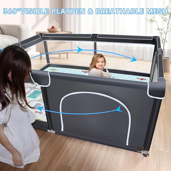 Baby Playpen with mat, Play Pen Playards, Playpen for Babies and Toddlers Play Pin Indoor Active Center Game Fence, 50x50 Inch, Grey