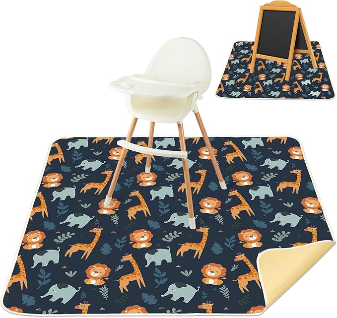 Baby Splat Mat for Under High Chair 51 x 51 Inch Large Waterproof High Chair Mat with Non Slip Bottom Food Catcher for Highchair Boy Girl Mat for Floor Machine Washable, Dark Blue Giraffe
