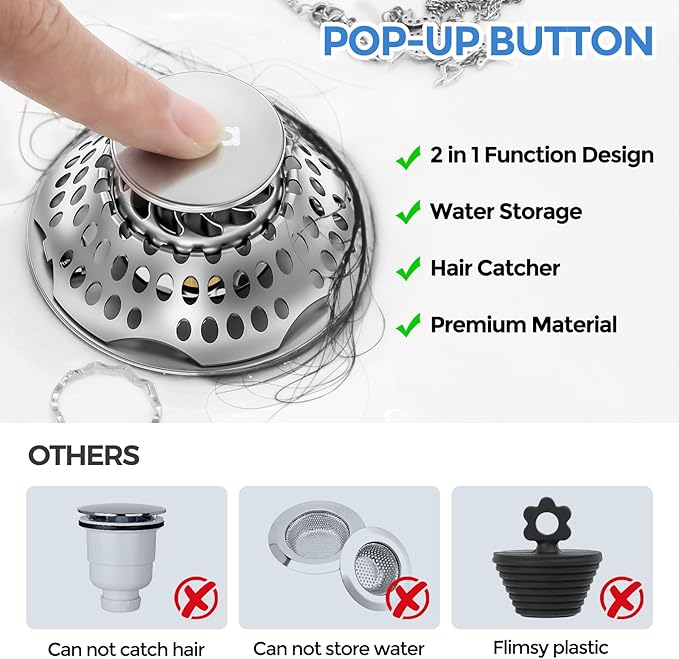 zaa Bathtub Drain Stopper, Upgraded 2in1 Tub Stopper Bathtub Drain Cover and Hair Catcher, Pop Up Bathtub Drain Plug, Replaces Lift & Turn, Tip-Toe or Trip Lever, for 1.46-2" W Drain Hole, Silver