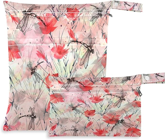 visesunny Red Poppy Peony Splash 2Pcs Wet Bag with Zippered Pockets Washable Reusable Roomy for Travel,Beach,Pool,Daycare,Stroller,Diapers,Dirty Gym Clothes, Wet Swimsuits, Toiletries