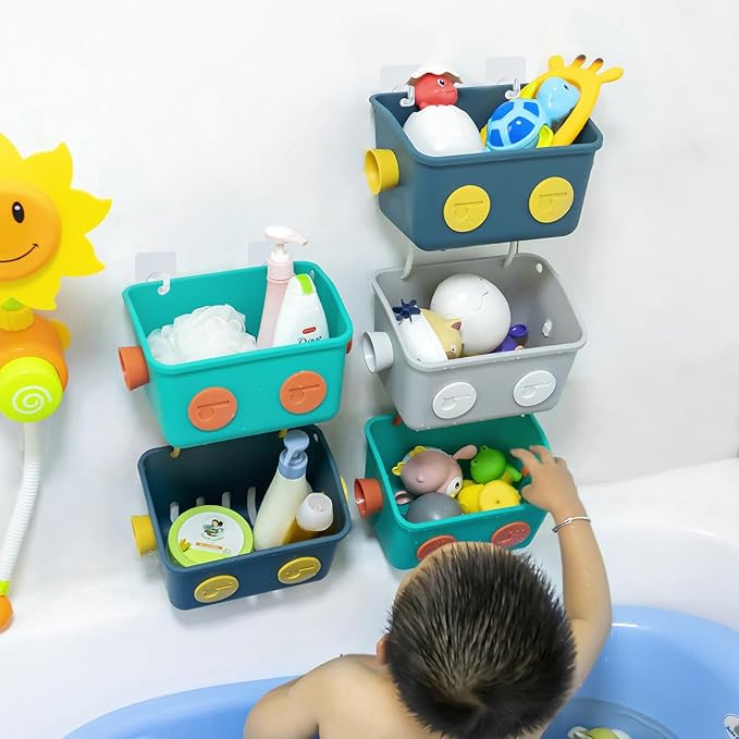 LUFOFOX Bath Toy Storage Organizer Basket, 3 Layers Colorful Robot Modeling Wall Mounted Kids Hanging Shower Caddy with Hooks for Shampoo
