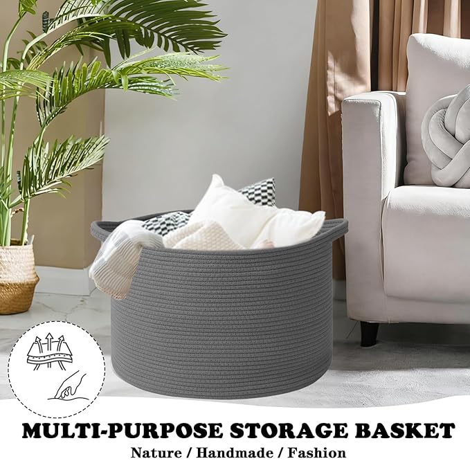 Large Storage Basket with Handle,23.6" x 23.6" x 15.7" Blanket Basket Storage Bins for Organizing,115L Cotton Rope Woven Baskets for Living Room, Nursery,Bedroom,Dark Gry