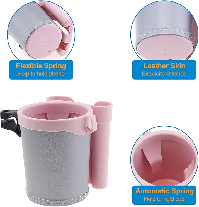 Tobefore Bike Cup Holder ABS+PU Leather with Phone Mount and Keys Hook，Adjustable Drink Holder for Bicycle Handlebar,Universal Coffee Cup Holder for Bicycle, Wheelchair, Scooter and Walker(Gray Pink)
