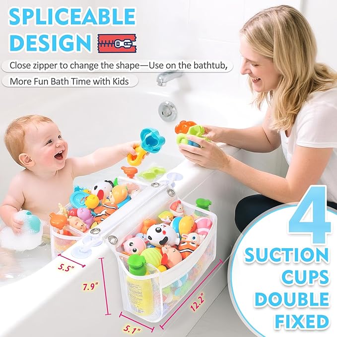 Bath Toy Holder 2-in-1 Zip-Connect Bathtub Toy Storage with 4 Suction Cups No Falling & one-Click Toy Release Quick-Dry Mesh Baby Shower Toy Holder - Kids Bath Toy Net for Tub Organizer