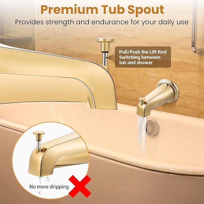 Dreyoo Tub Spout (Universal Fits 1/2" Copper Pipe, 1/2" IPS and 3/4" IPS), Bathroom Bathtub Faucet with Adapters and Hex Wrench(Polished Brass,Simple)