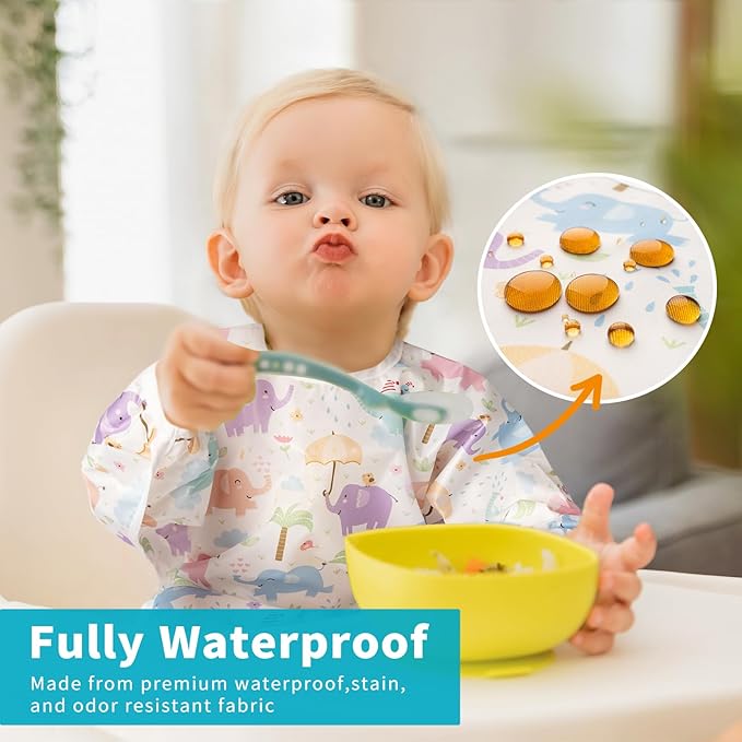 3 Pcs Long Sleeved Bib Set | Baby Waterproof Bibs with Pocket Bundle Toddler Bib with Sleeves and Crumb Catcher 6-24 Months
