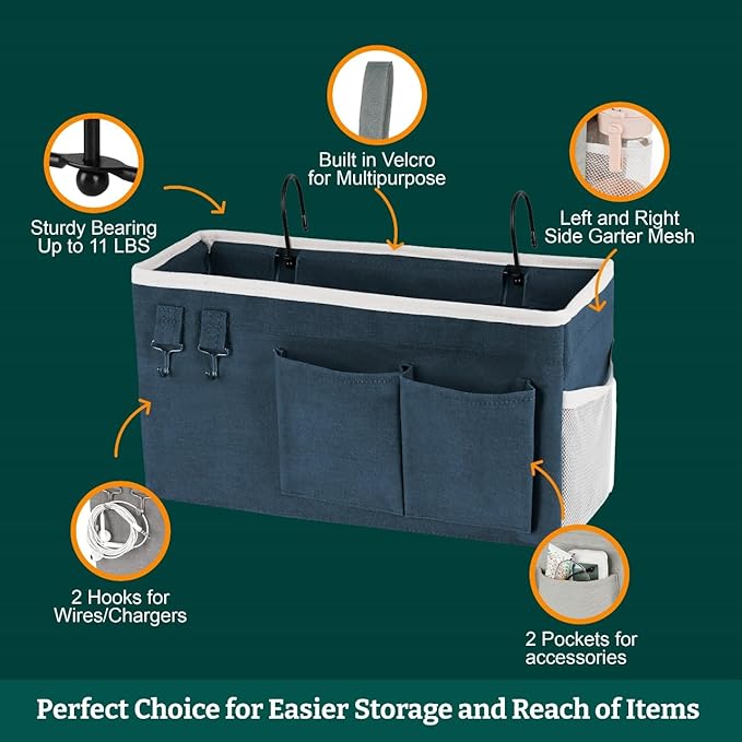 Bedside Caddy Organizer Hanging Storage Bag with Pockets for Books, Magazines, Phone, Tablet & Water Bottle – Bedside Storage for Dorm, Bunk Beds, Hospital Beds & Cribs,Blue
