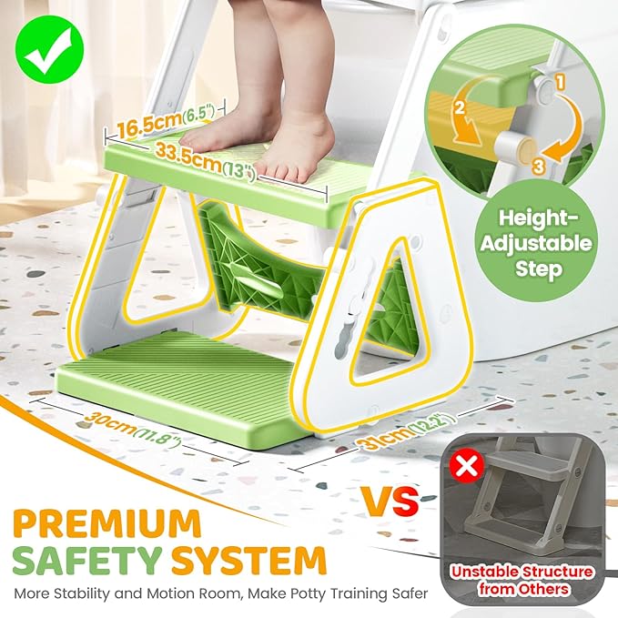 Orzbow Frog Potty Training Seat, Toddler Toilet Seat with Step Stool Ladder, 2-in-1 Potty Training Toilet Essentials for Boys Girls, Adjustable Height, Non-Slip Step and Splash Guard Design, Green