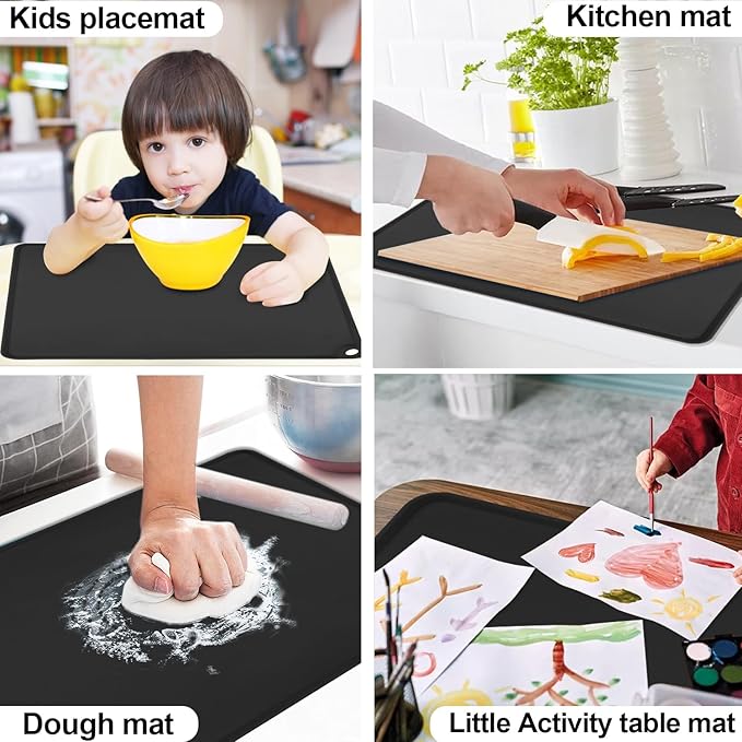 Black Silicone Placemats - Multipurpose Baby Food Mat & Reusable Countertop Mats with Raised Edges, Heat Resistant for Air Fryer (1 Pack, 19.7" x 15.7")
