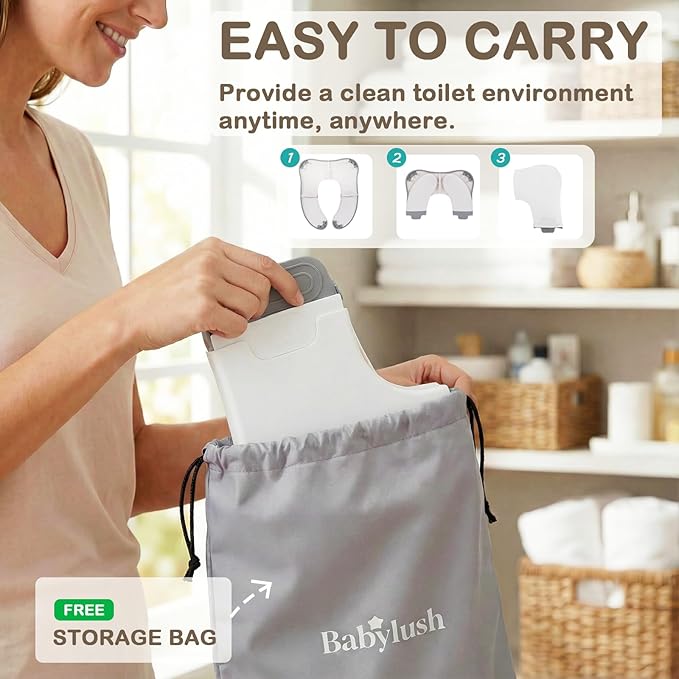 Babylush Anti-pinch Foldable Travel Potty Seat丨Portable Toilet Seat with 12 Anti-slip Suction Cups丨Easy to Install and Remove丨Fits Round & Rectangle Toilets丨Free Carry Bag丨ABS Material and BPA-Free.