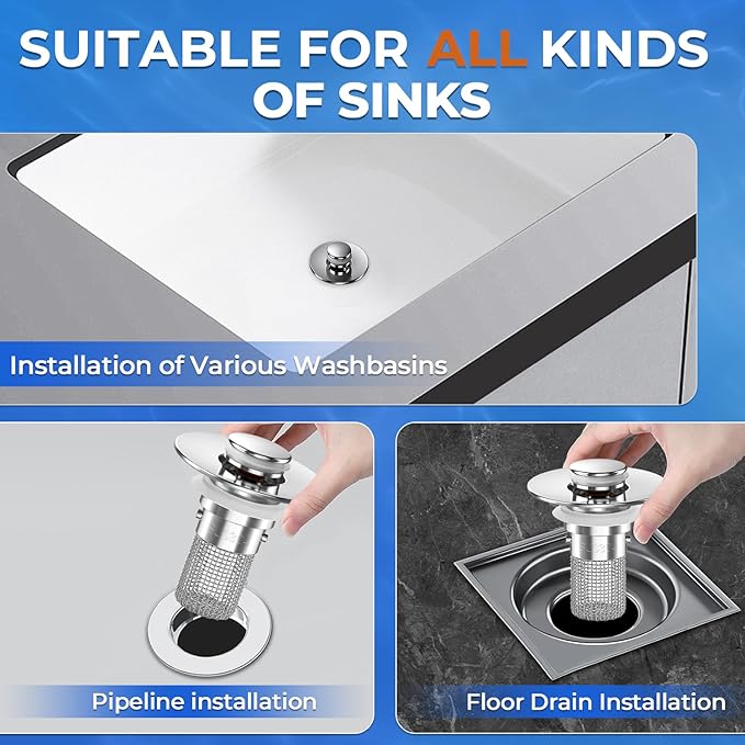 Sink Stopper Hair Catcher, Pop-up Sink Drain Strainer with Removable Stainless Steel Strainer Basket Hair Catcher, Bathroom Sink Strainer for Bathroom Sink Stopper Replacement(1PCS)