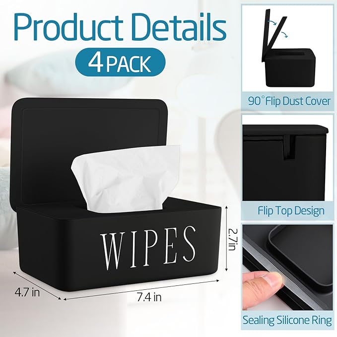 Singhoow 4 Pack Baby Wipes Dispenser Refillable Wipe Holder with Lid Toilet Wipes Container for Bathroom Tissue Paper Storage Box for Home Office (Black)