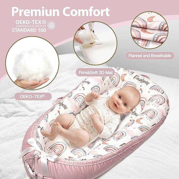 Baby Lounger-Breathable and Soft Organic 100% Cotton, Portable Infant Lounger with Removable Lounger Cover, Baby Nest Lounger for Newborn - Pink Rainbow