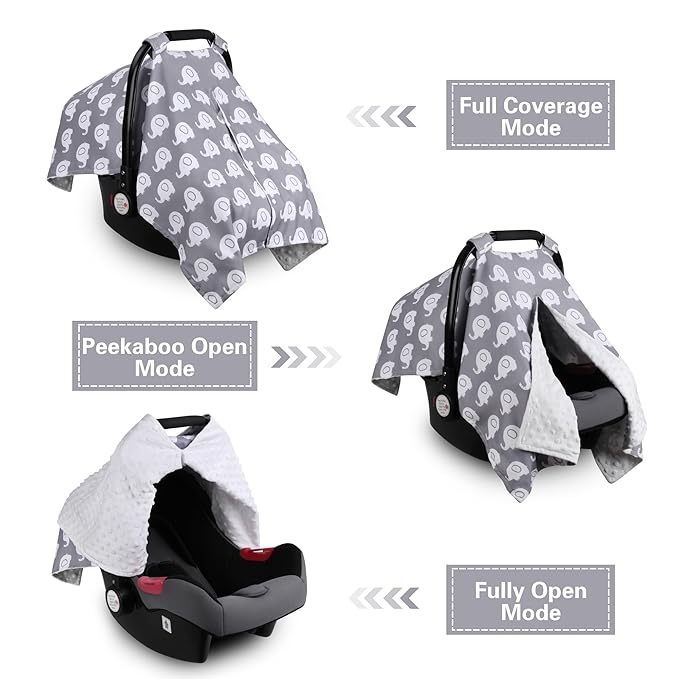 Rquite Car Seat Cover Baby, Carseat Covers for Boy Girl, Minky Infant Car Seat Cover Winter, Peekaboo Opening Car Seat Canopy, Multiuse Baby Carrier, Stroller, Nursing Cover, Minky Blanket, Elephant