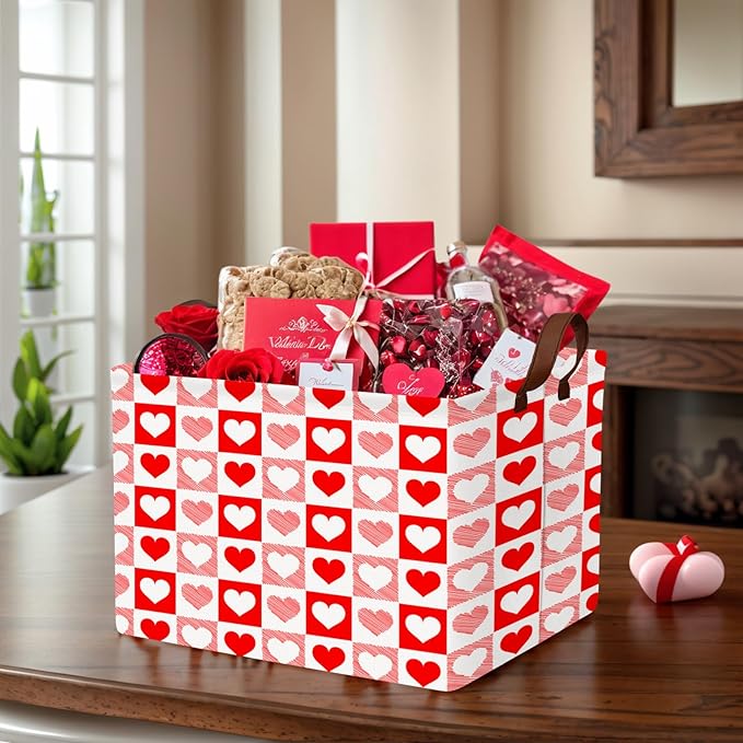 ASKETAM Valentine's Day Basket for Gifts Empty Cute Heart Large Gift Basket Decorative Storage Bin for Kid and Baby Room Décor (Red Checkered Heart)