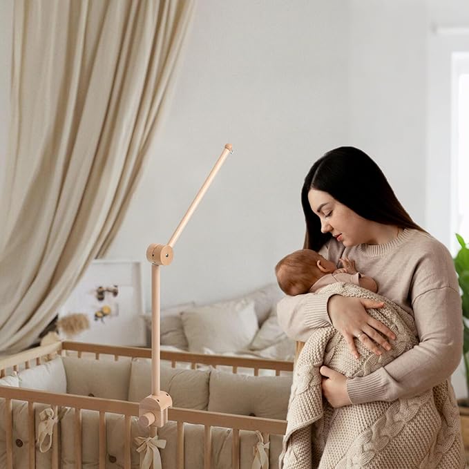 Baby Crib Mobile Arm, Nicemer Wooden Mobile Arm for Crib, Optimum Slat Thickness for Crib 0.6-1'', 3D 360° Adjustable, Height Range 16.1-24.4'', Mobile Hanger for Crib Baby Boy Girl Nursery Decor