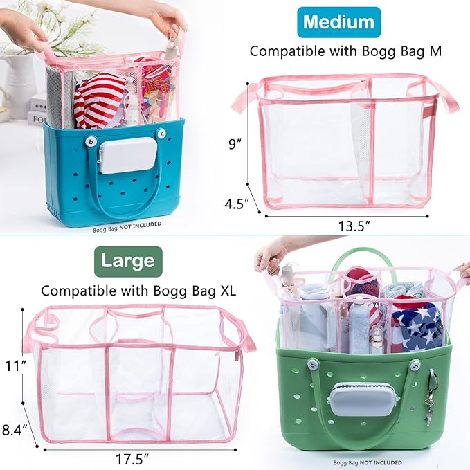 AMOIGEE Clear Beach Bag Organizer Insert with 3pcs Accessories for XL Bogg Bag Inserts - Tote Bag Divider with Sunglasses Holder, Phone Holder and Clips Hooks - Beach Tote Insert Organizer Liner