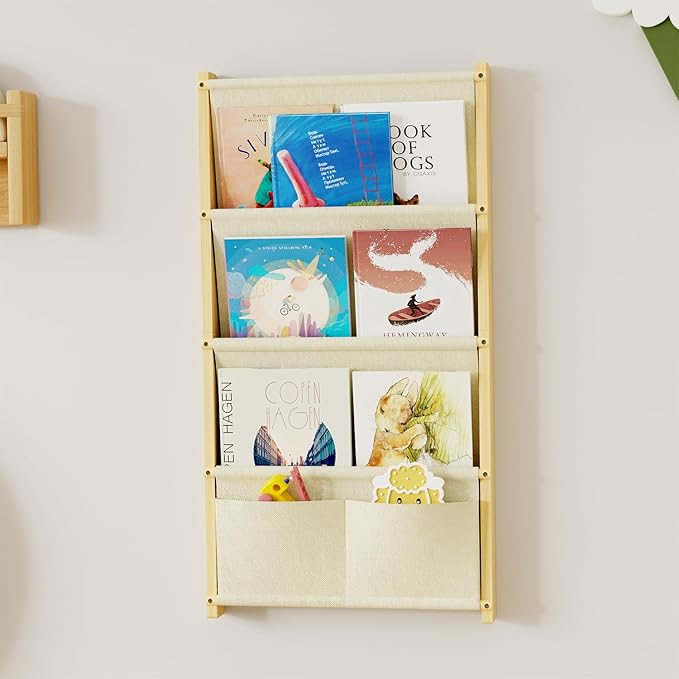 Wood 4-Tier Wall Mounted Kids Bookshelf – Floating Book Shelf For Kids Rooms,Nursery & Classroom, Hanging Bookcase Organizer For Books, Toddler Book Shelf, Montessori Bookshelf, Nursery Shelves