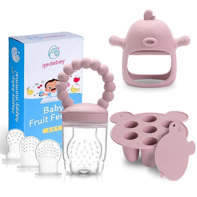 Baby Fruit Feeder & Breastmilk Popsicle Mold Set – 3 Pack Silicone Teething Relief Kit with Food Feeder Pacifier, Freezer Tray with Lid & Baby Teether (Blush)