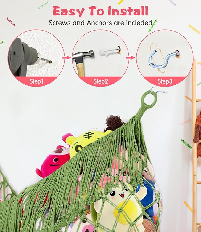 Stuffed Animal Hammock - Extra Large 63'' Long, Stuffed Animal Storage, stuffed animal Holder net, Hammock Large, Storage Hanging Organizer - Avocado green