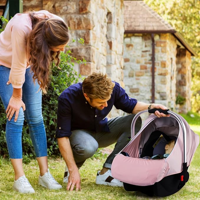 Baby Car Seat Cover, Original Carseat Covers with Adjustable Breathable Mesh Window & Pocket, Stretchy Infant Car Seat Canopy for Girls Boys, Kick-Proof Stroller Cover for All Seasons