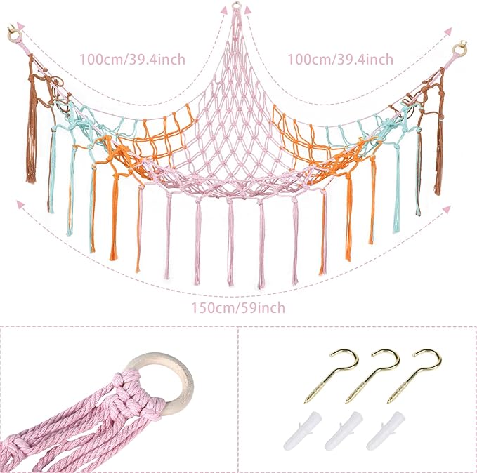 Stuffed Animal Hammock Corner, Hand-knitted Large Plushie Net Toy Hammock with Wooden Rings | Boho Cute Stuff Animal Storage for Nursery & Bedroom | Mesh Kids Toy Organizer Holder Nursery Room Decor